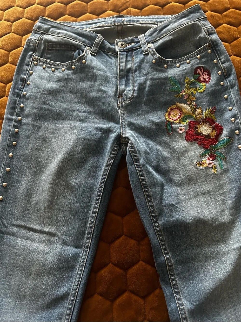 Reba Studded Blue Jeans with Floral Embroidery - Picture 1 of 7